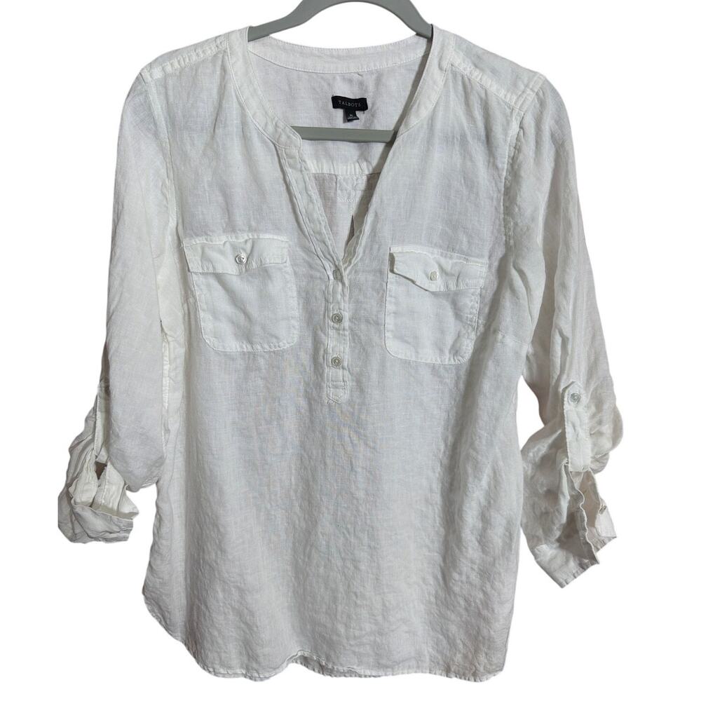 Talbots White 100% Linen Popover Blouse Women Medium Roll Tab Sleeve Shirt